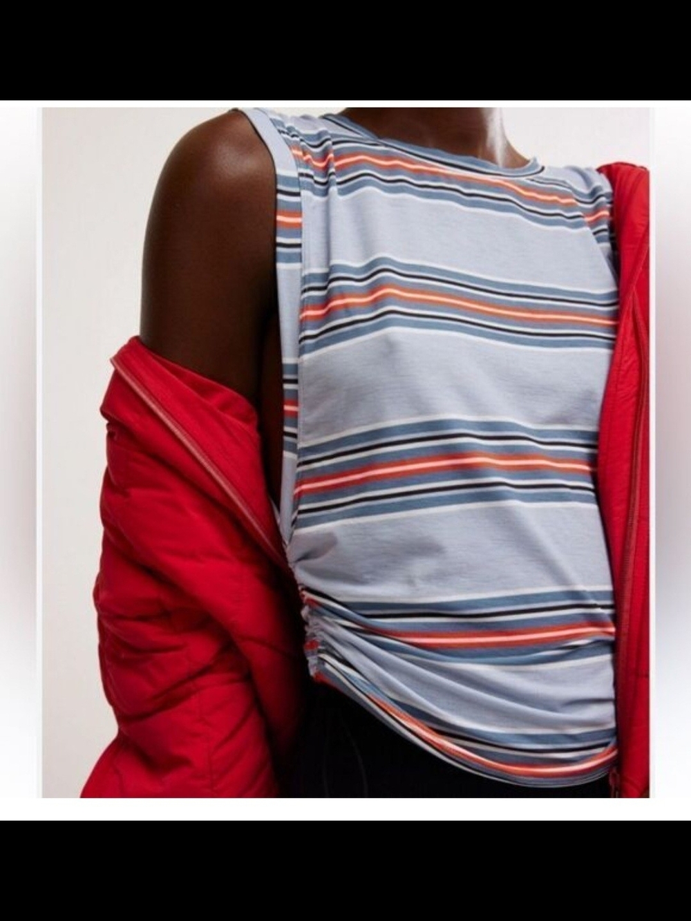 Free People Movement Striped Ruched Sides Tank Top in Light Blue